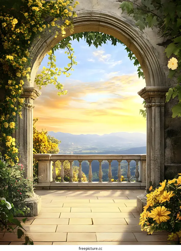 Stone Archway with View of Mountains and Valley