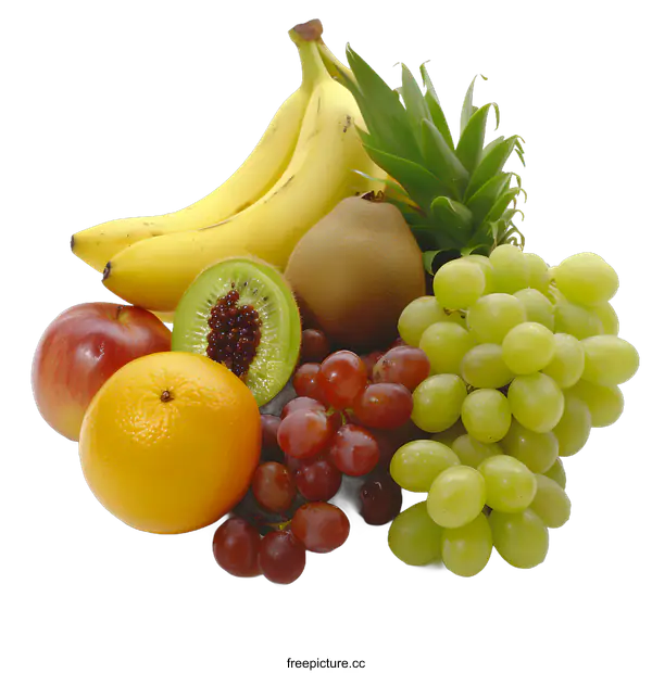 [Transparent Background PNG]Fresh Fruit Arrangement of Bananas, Grapes, Kiwi, Pineapple and Orange