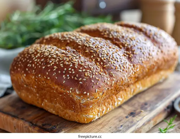 Loaf of freshly baked bread with sesame seeds on a wooden table