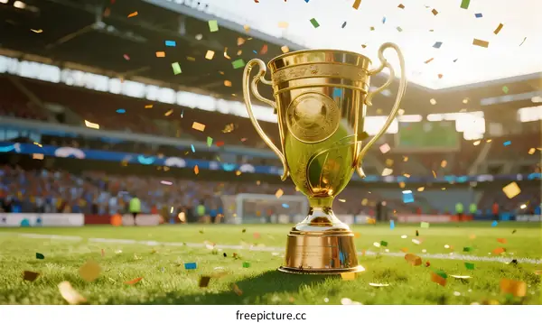 Golden Trophy on Green Field with Confetti in Stadium