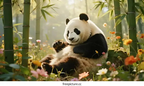 Giant Panda Resting Amidst Bamboo Forest with Colorful Flowers