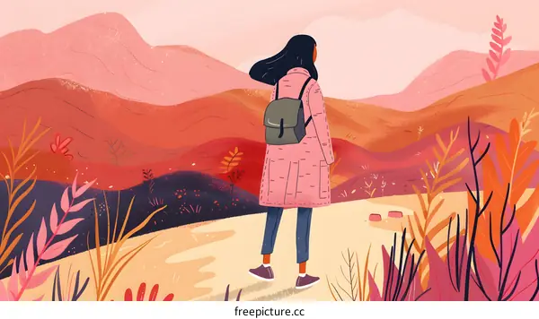 Woman with Backpack Standing on Hilltop Looking at Landscape