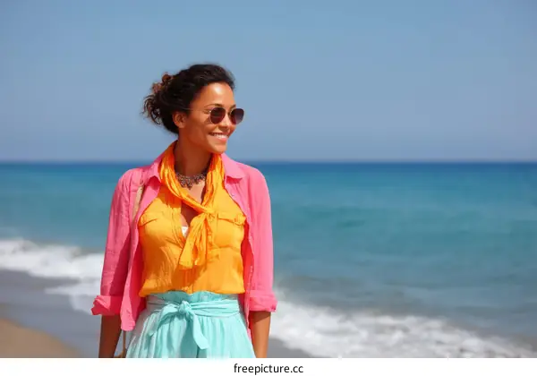 Woman in Vibrant Summer Outfit by the Ocean