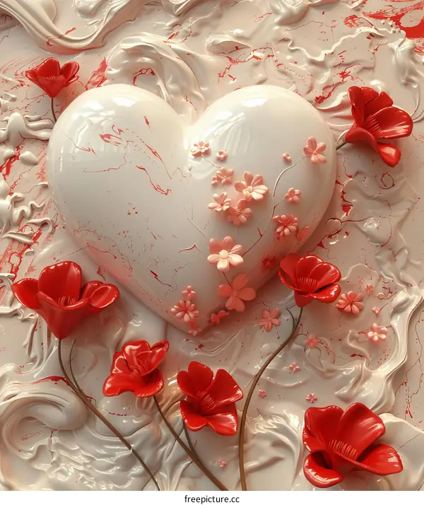 Vivid Red Heart Embellished with Delicate Flowers