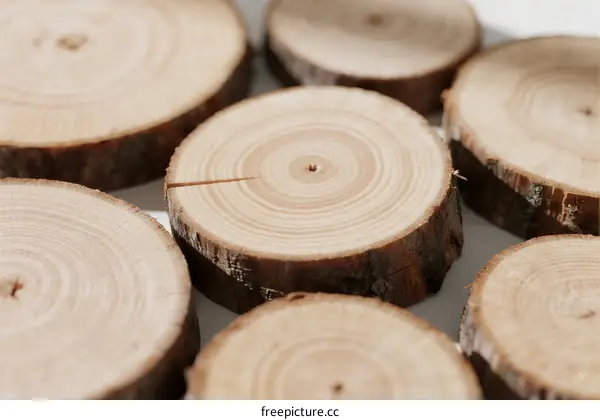 Close-up view of several wooden slices with tree rings
