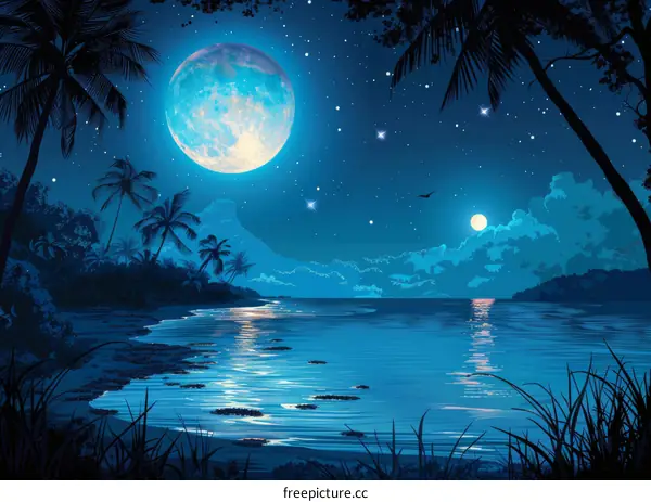 Fantasy Tropical Beach at Night with Blue Moon and Stars