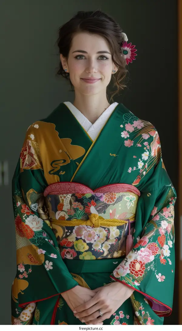 Caucasian Woman in Green Kimono Standing with Hands Clasped