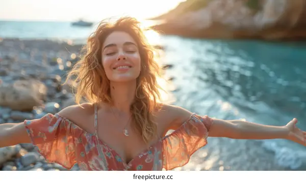 carefree woman embracing the sunshine on a beach