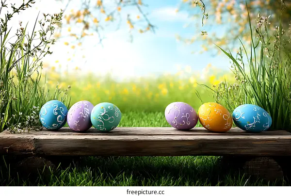 Colorful Easter Eggs on Wooden Bench in Springtime Garden