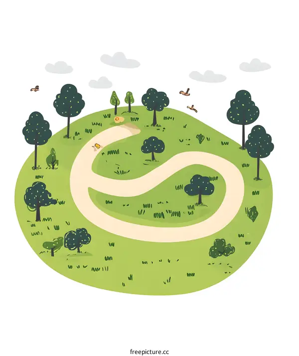 Cartoon Illustration of a Winding Path in a Green Park