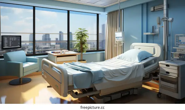 Modern Hospital Room with Bed, Chair, Desk, and Window Overlooking City