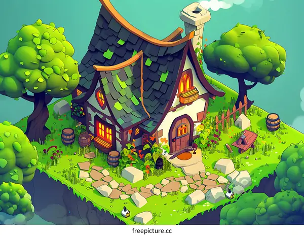 Cute Cartoon Cottage Illustration with Green Roof and Garden