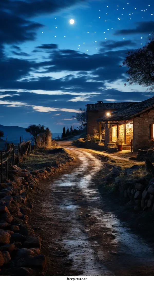 Country Road Leading to a Stone Cottage with Windows Brightly Lit at Night