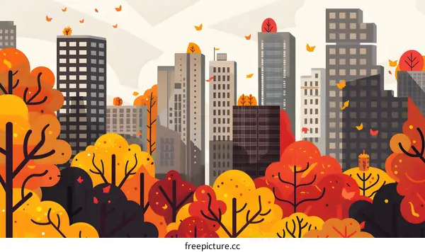Autumn Cityscape with Colorful Trees