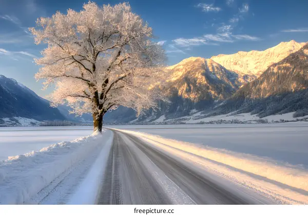 Snowy Road Leading to Mountains with Frosted Tree