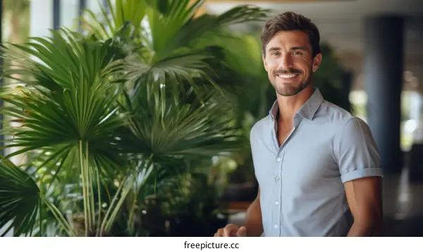 Confident businessman standing in front of tropical plants