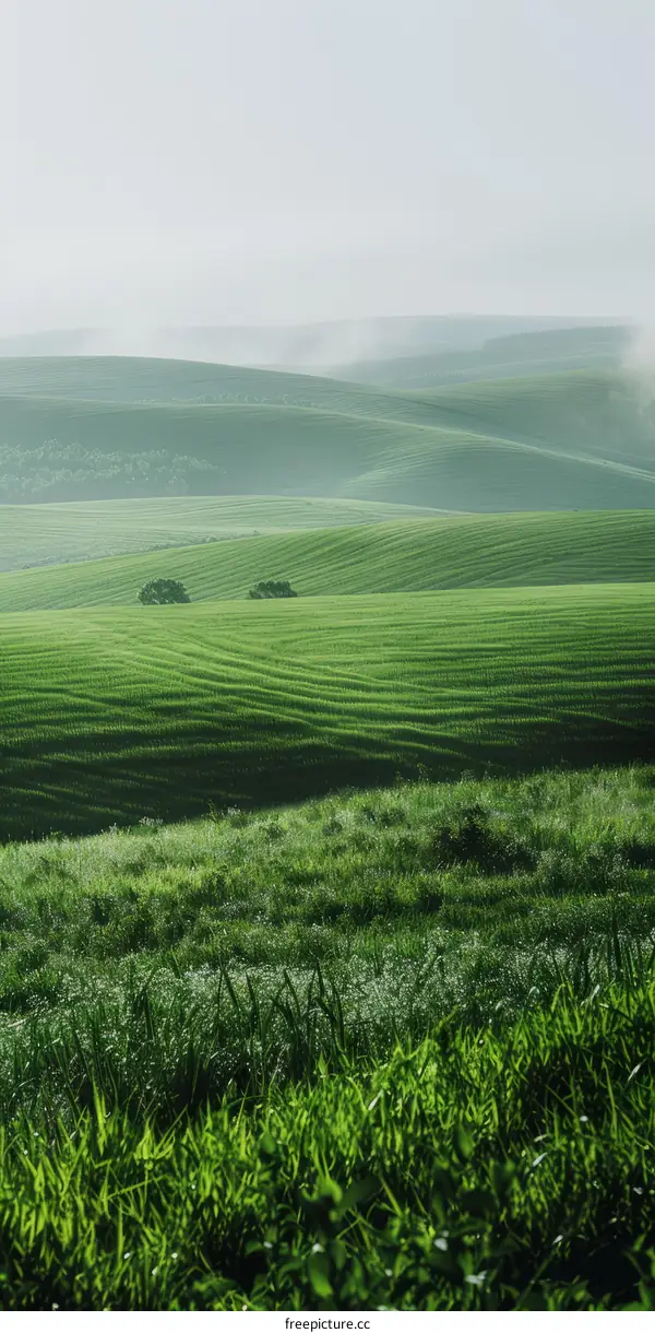 Green rolling hills with two trees in the distance