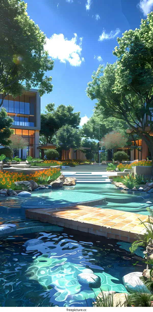 Courtyard with bridge over a fish pond