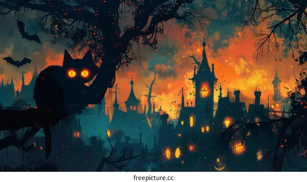 Black cat watching over a haunted village