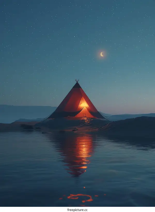 teepee in starry night near lake