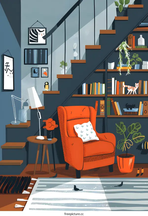 Cozy Home Interior with Red Armchair and Staircase