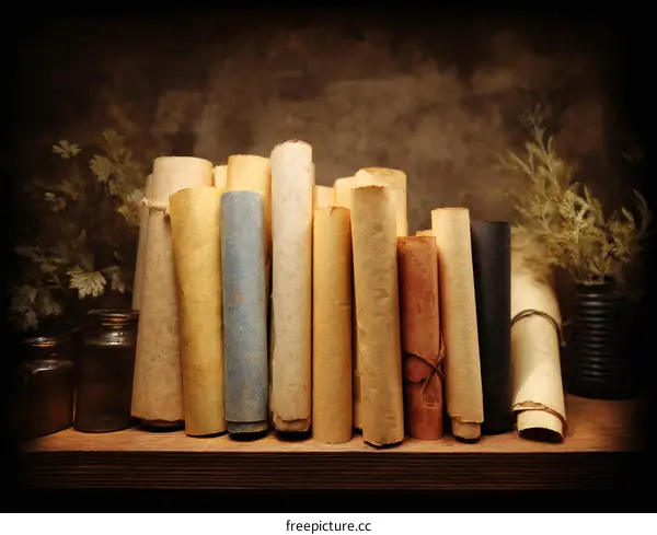 Vintage Scrolls on Wooden Shelf