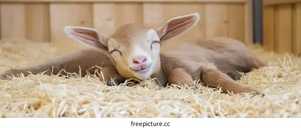 Cute Baby Goat Sleeping in Hay