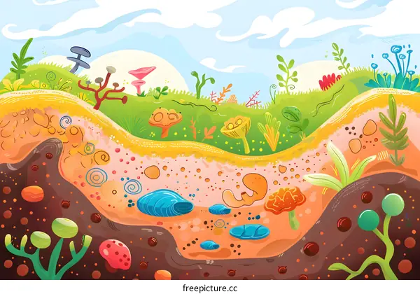 Colorful Cartoon Landscape with Diverse Plants and Mushrooms
