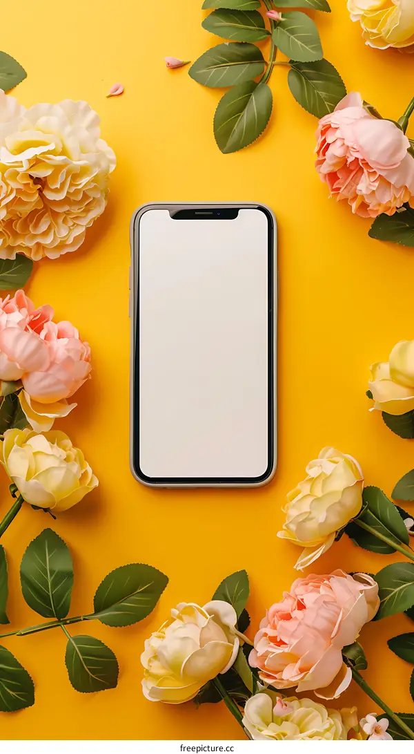 Yellow Background with Flowers and a Smartphone