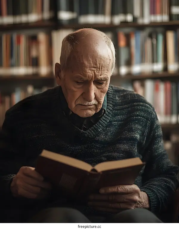 Elderly Man Reading a Book in a Library