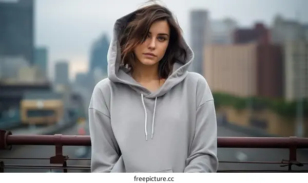 Portrait of a young woman in a gray hoodie standing on a bridge