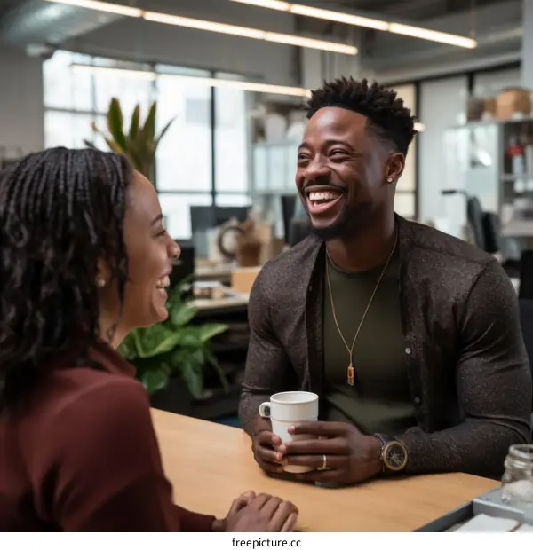 Laughing man and woman having a conversation in an office