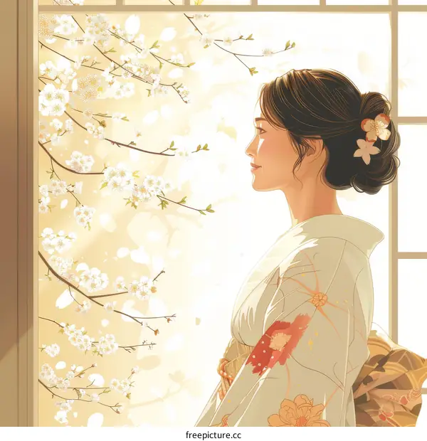 A woman wearing a kimono is looking out the window at the cherry blossoms.
