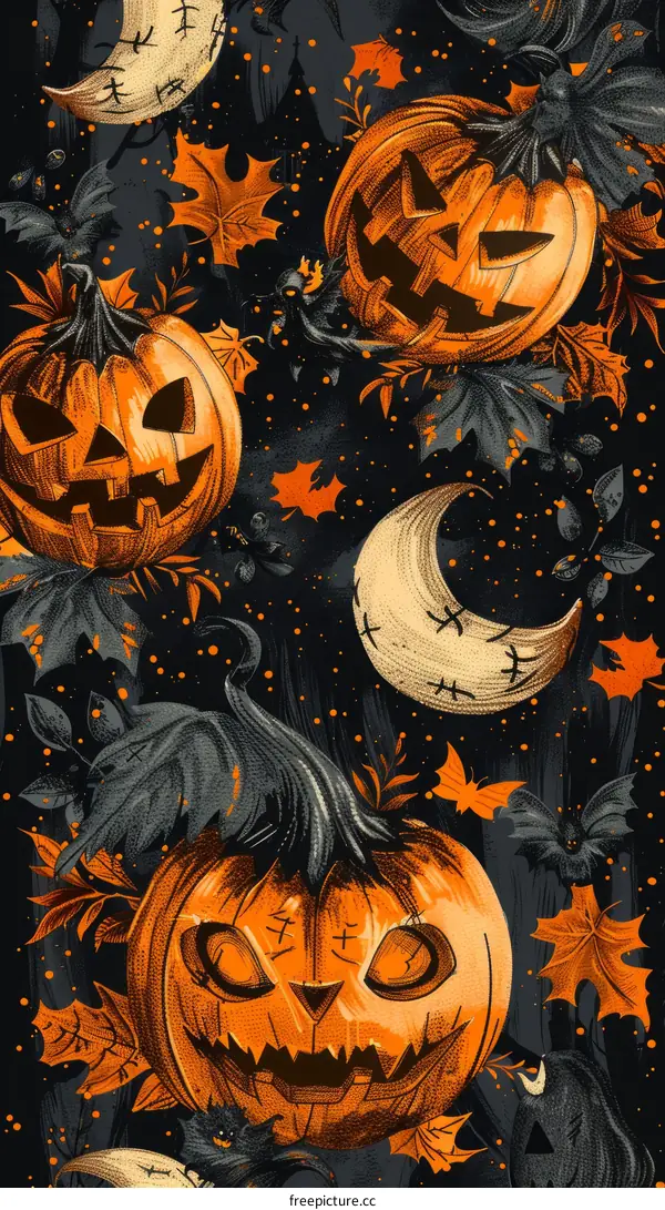 Vintage Halloween Seamless Pattern with Pumpkins, Bats & Moons