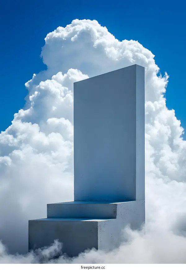 Abstract Minimalist Concrete Steps and Wall in the Clouds