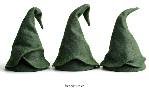 Three Green Witch Hats on White Background