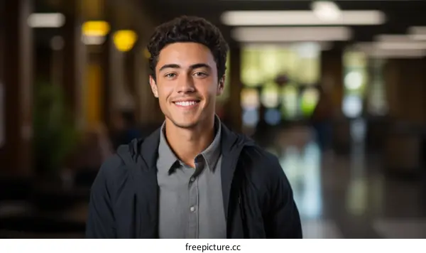 Portrait of a smiling young man with curly hair wearing a gray shirt and black jacket standing in a blurred hallway