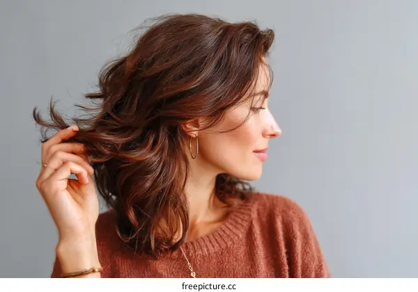 Closeup Woman Profile with Wavy Brown Hair