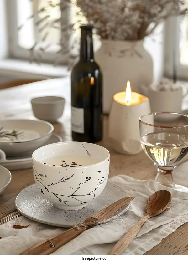 White Ceramic Bowl With Floral Design On Wooden Table