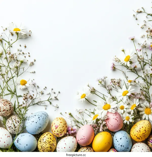 Easter Eggs and Flowers on a White Background