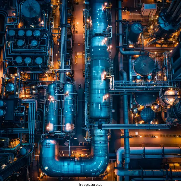 A bird's eye view of an oil refinery at night