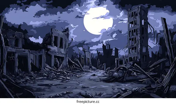 Ruined Cityscape Under Moonlight