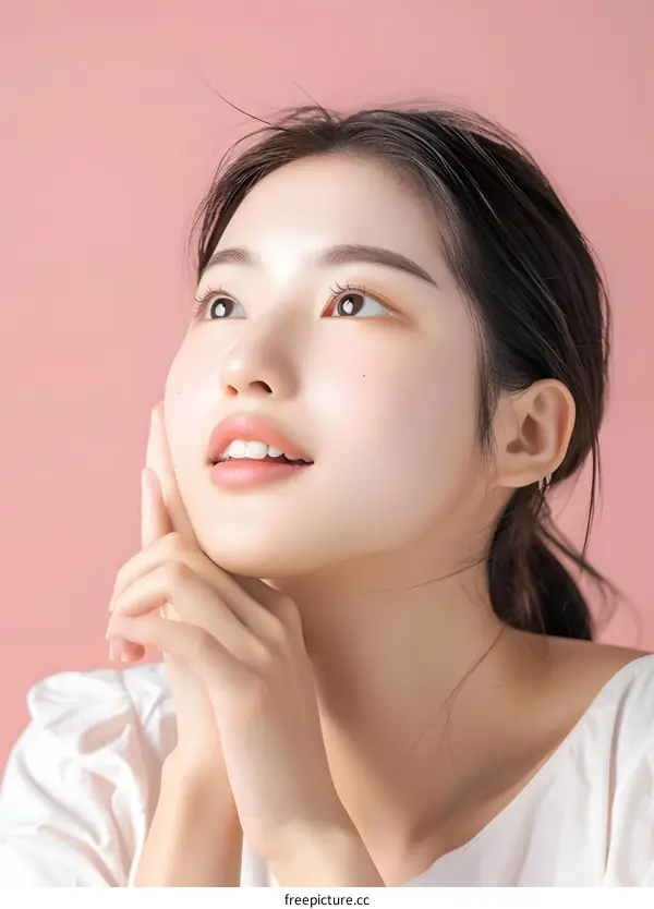 Close up Portrait of Beautiful Asian Woman with Pink Background