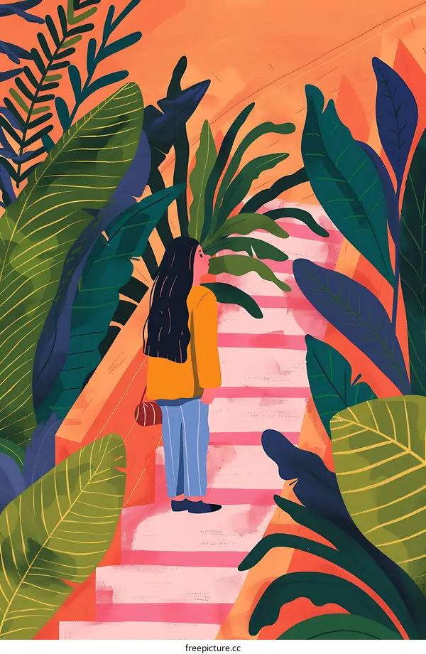 Woman Standing on Stairs in a Tropical Garden