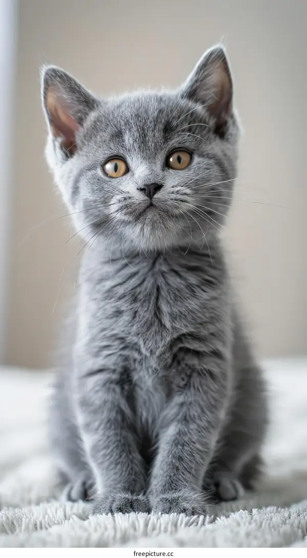 A cute gray kitten is sitting on a white carpet and looking at the camera
