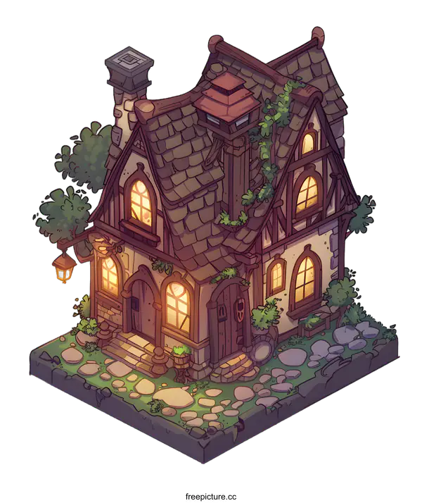 [Transparent Background PNG]Cozy Cottage with Stone Path and Glowing Windows