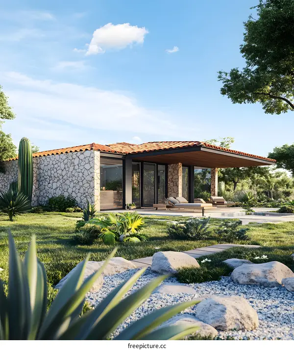 Modern Stone Villa with Patio and Pool in a Garden Setting