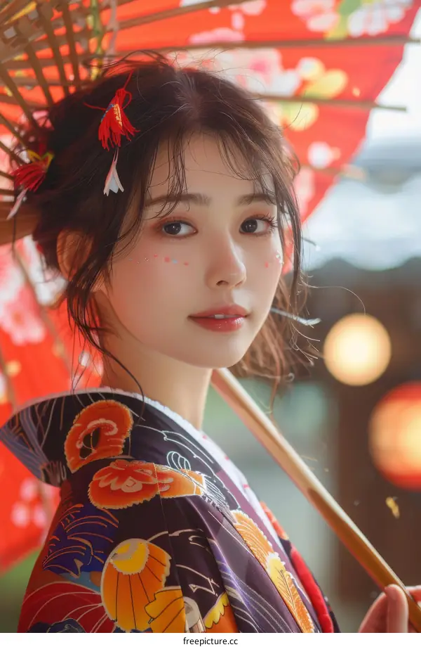 Portrait of a beautiful Japanese woman in traditional kimono holding a red umbrella