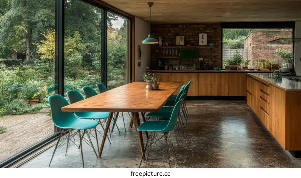 Modern Wooden Dining Area with Large Windows
