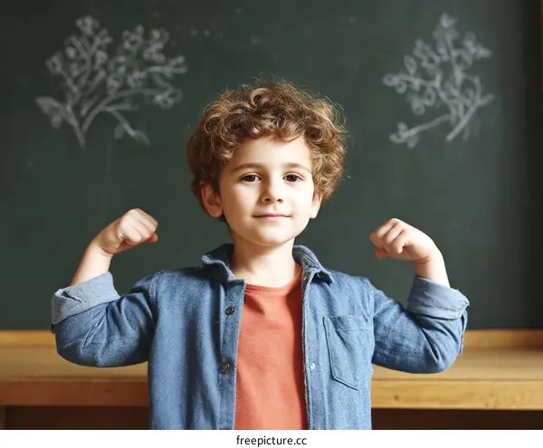 A Confident Child Showing Strength in Front of a Chalkboard